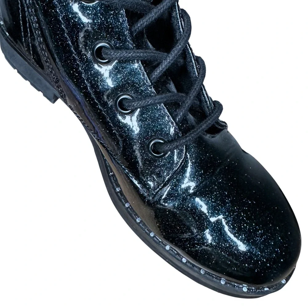 Jellypop Girls‎ Punky Black Green Glitter Patent Combat Boots Size 3M Side Zip